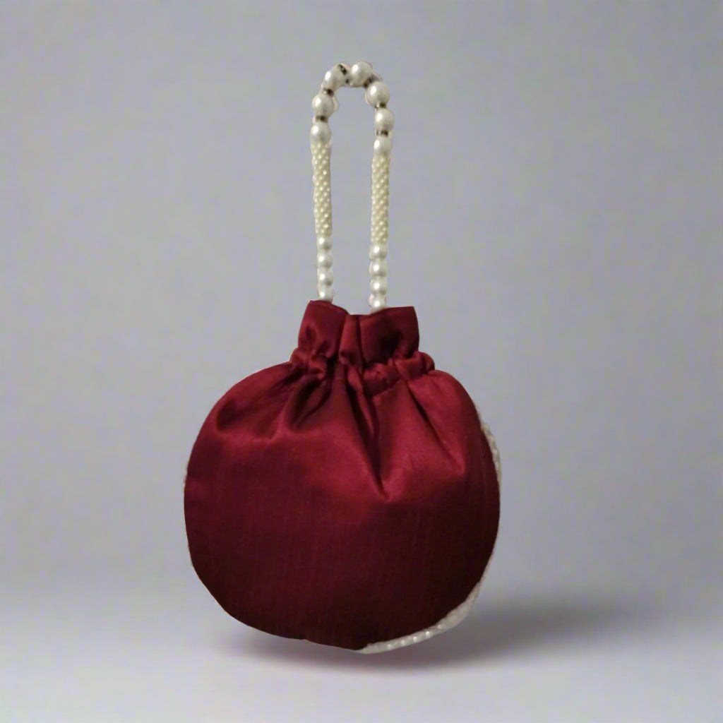 Handcrafted Potli Bag, Silk Aster Jaal - Wine Red