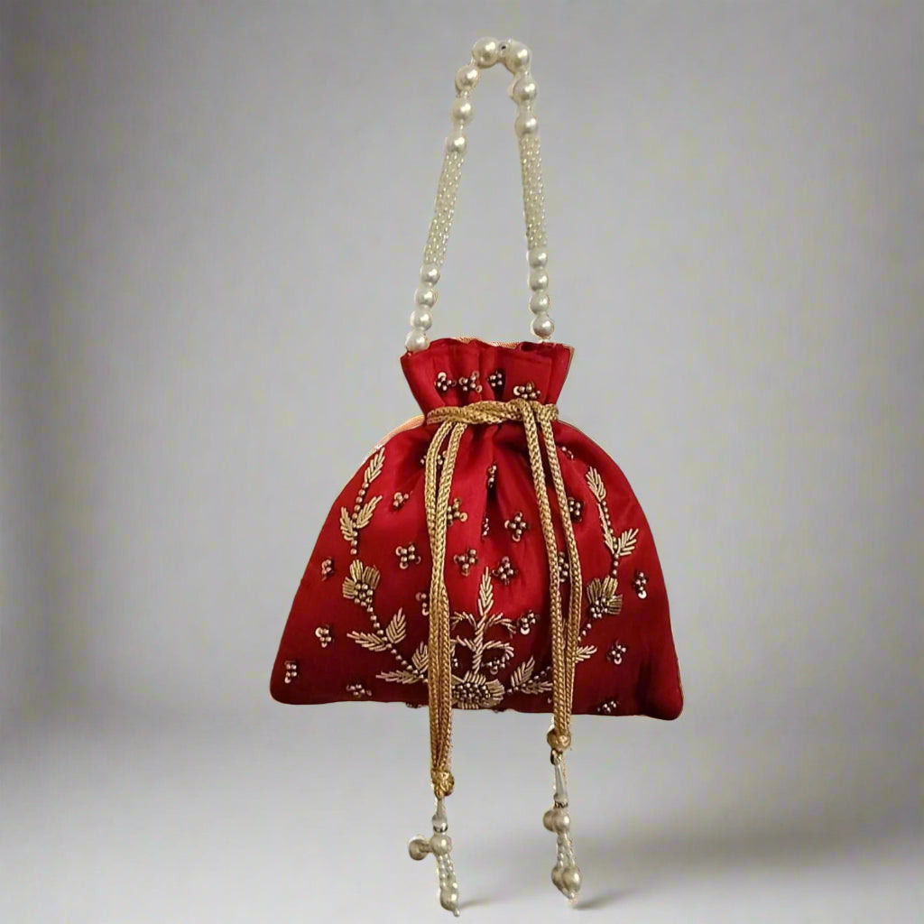 Handcrafted Potli Bag, Silk Daisy Jari - Red