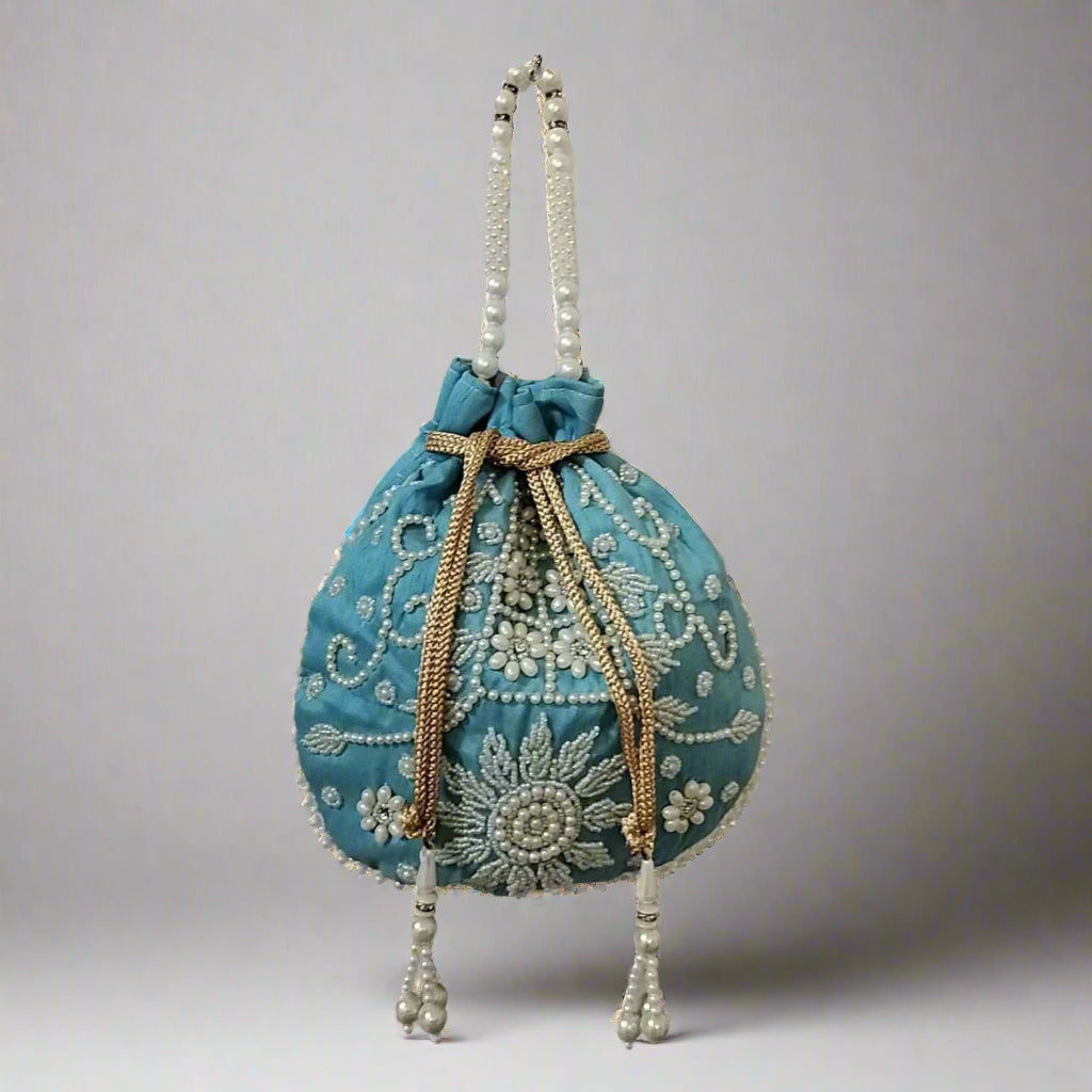 Handcrafted Potli Bag, Silk Sunflower Beads - Steel Blue