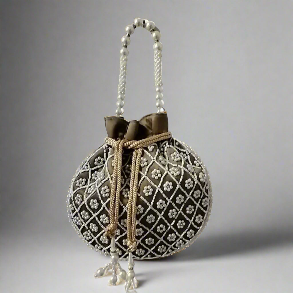 Handcrafted Potli Bag, Silk Aster Jaal - Brown Taupe