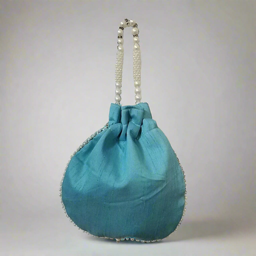 Handcrafted Potli Bag, Silk Sunflower Beads - Steel Blue