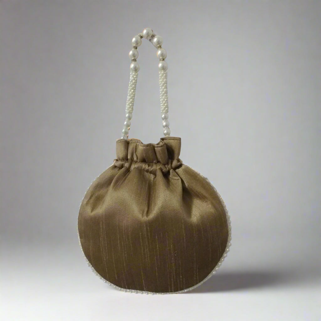 Handcrafted Potli Bag, Silk Aster Jaal - Brown Taupe