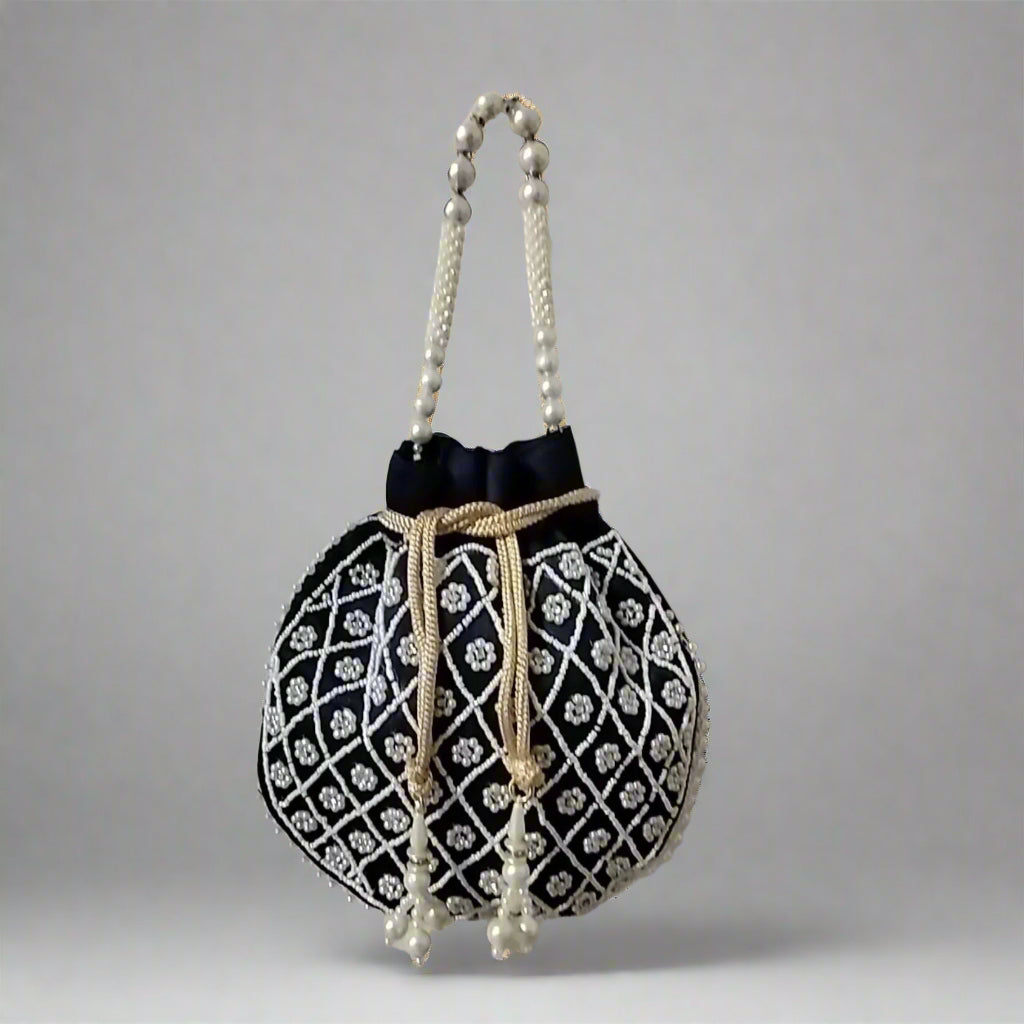 Handcrafted Potli Bag, Silk Aster Jaal - Deep Steel Blue