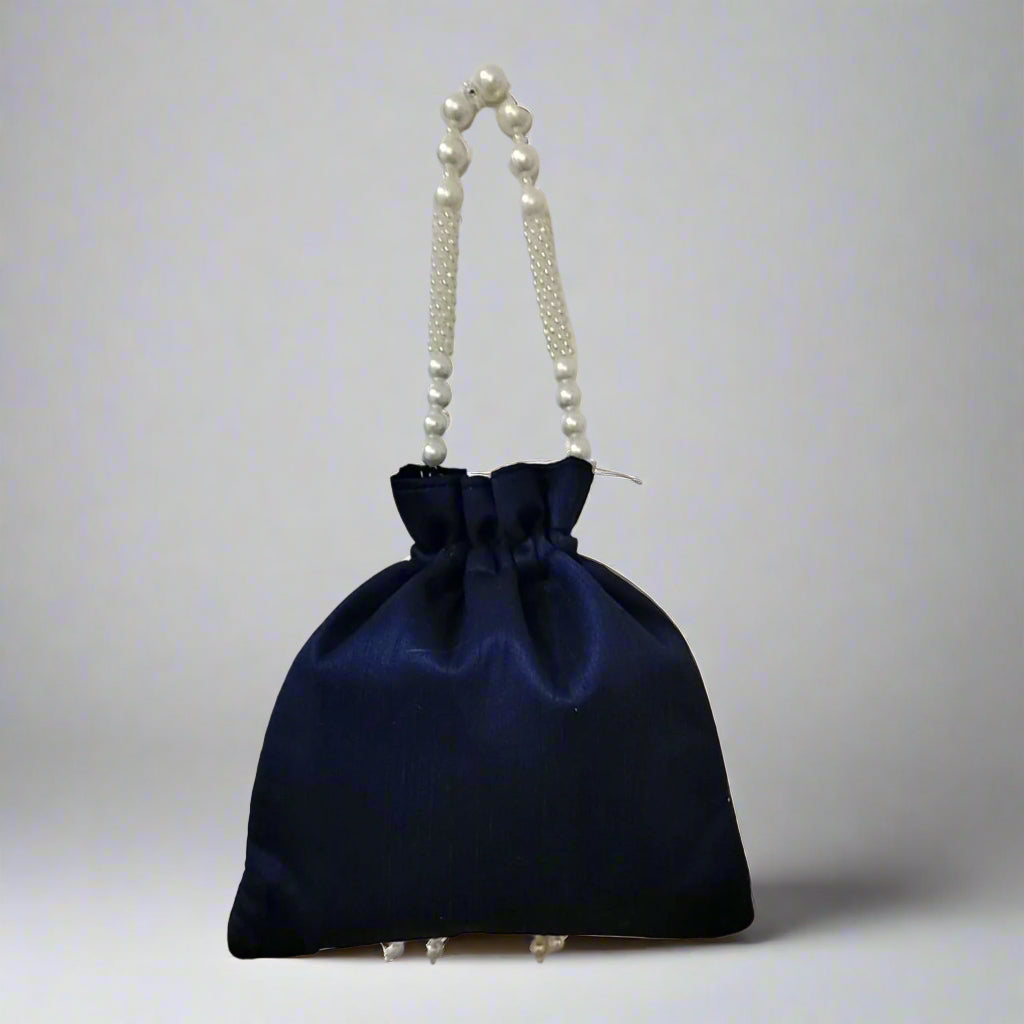 Handcrafted Potli Bag, Silk Daisy Jari - Deep Steel Blue