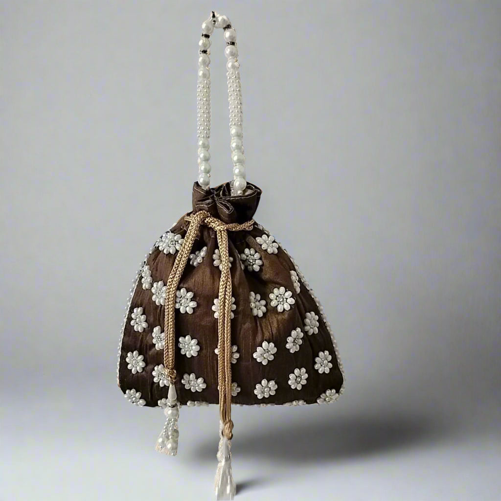 Handcrafted Potli Bag, Silk Poppy Beads - Chestnut Brown