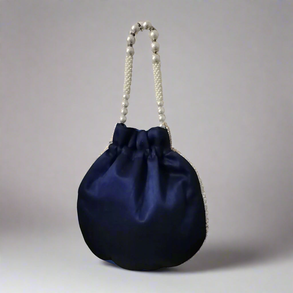 Handcrafted Potli Bag, Silk Aster Jaal - Deep Steel Blue