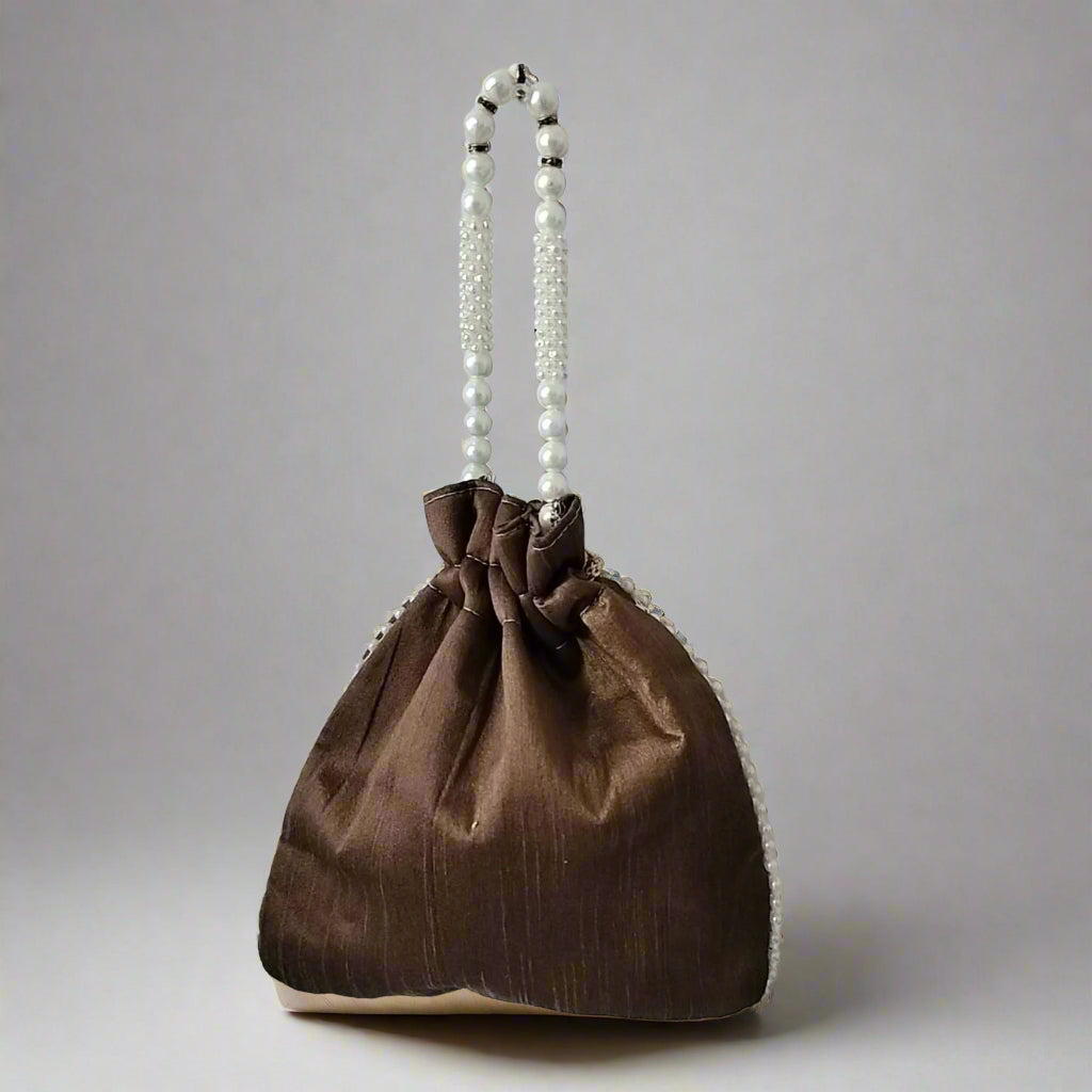 Handcrafted Potli Bag, Silk Poppy Beads - Chestnut Brown