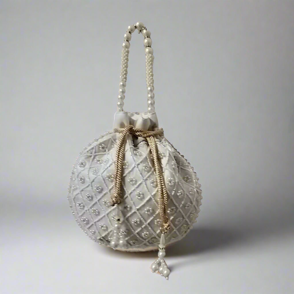 Handcrafted Potli Bag, Silk Aster Jaal - Light Gray