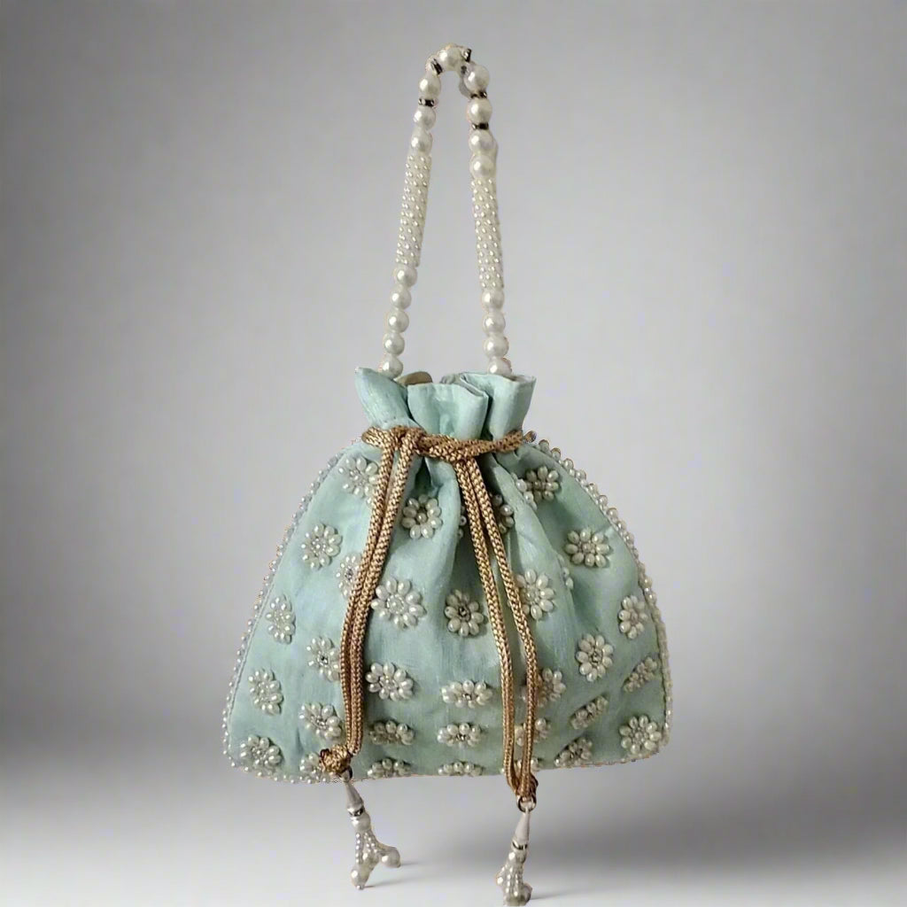 Handcrafted Potli Bag, Silk Poppy Beads - Light Teal