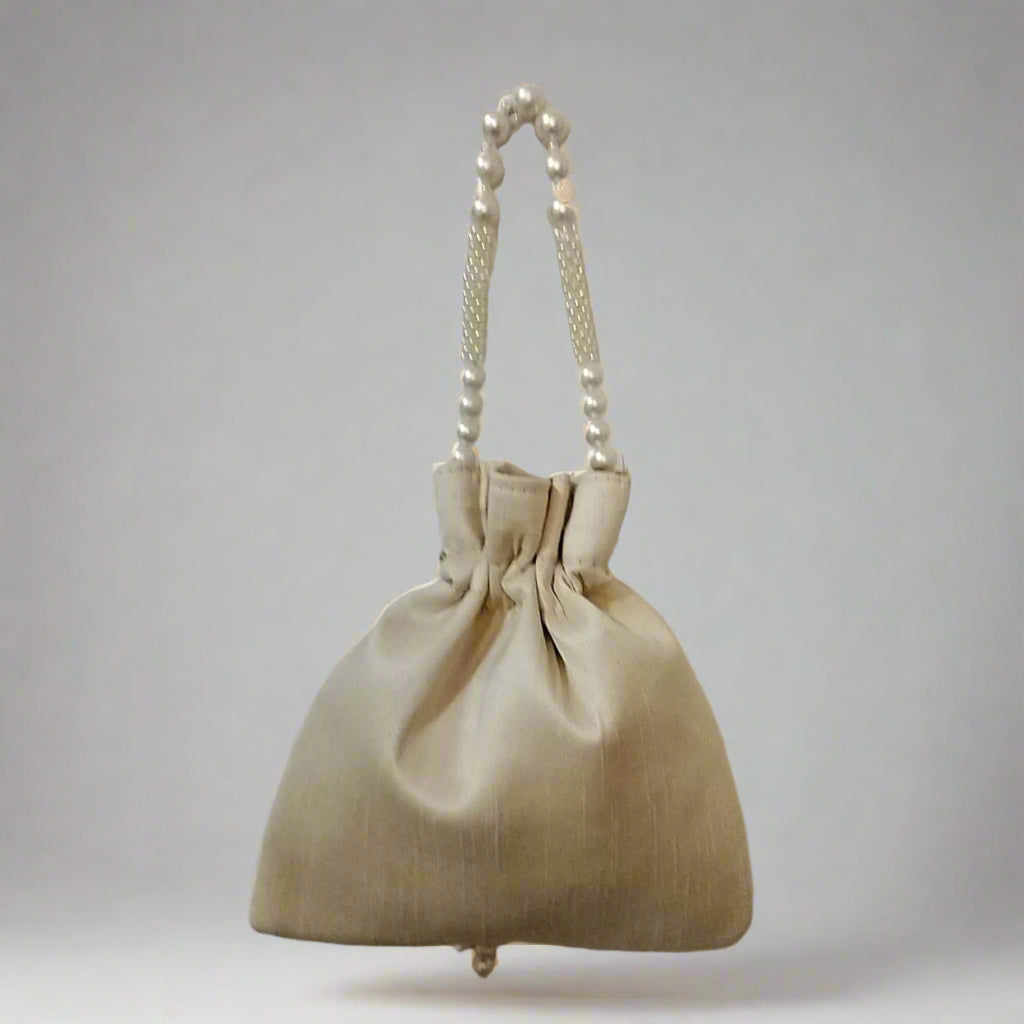 Handcrafted Potli Bag, Silk Daisy Jari - Golden Beige