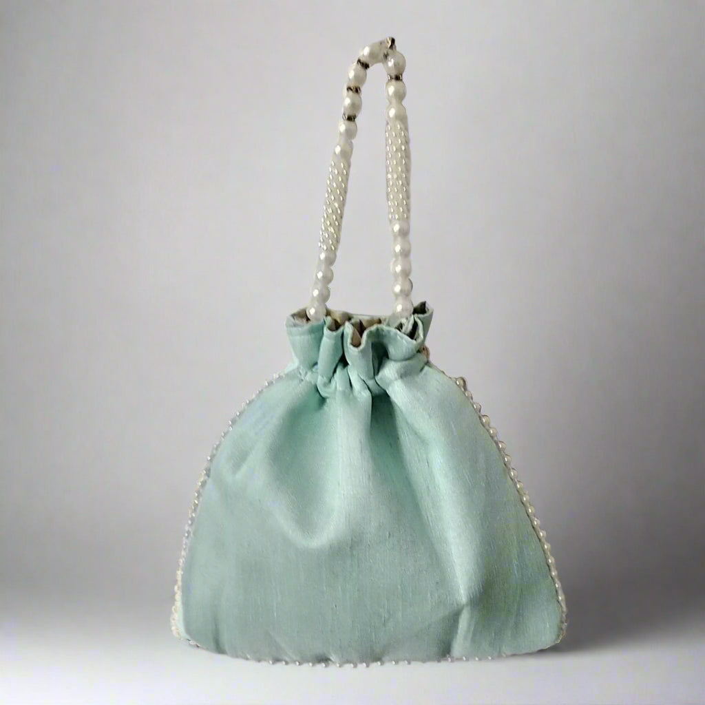 Handcrafted Potli Bag, Silk Poppy Beads - Light Teal