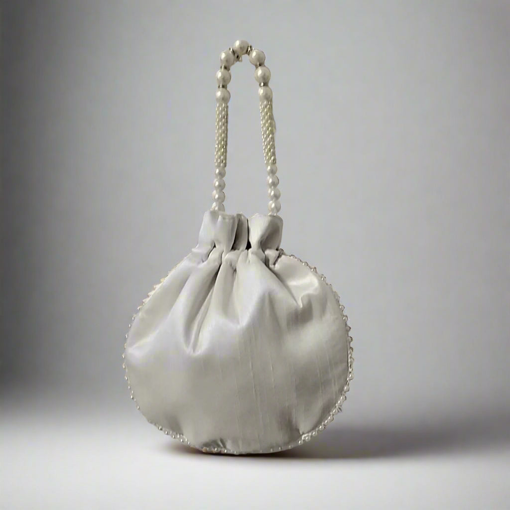 Handcrafted Potli Bag, Silk Aster Jaal - Light Gray