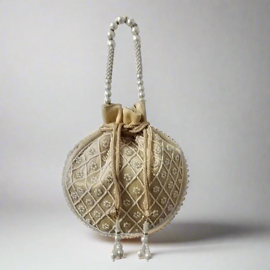Handcrafted Potli Bag, Silk Aster Jaal - Cream Beige