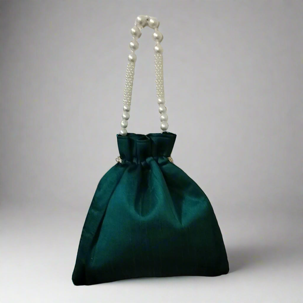 Handcrafted Potli Bag, Silk Daisy Jari - Teal Green