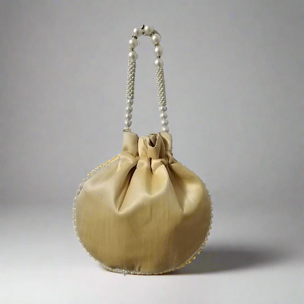 Handcrafted Potli Bag, Silk Aster Jaal - Cream Beige