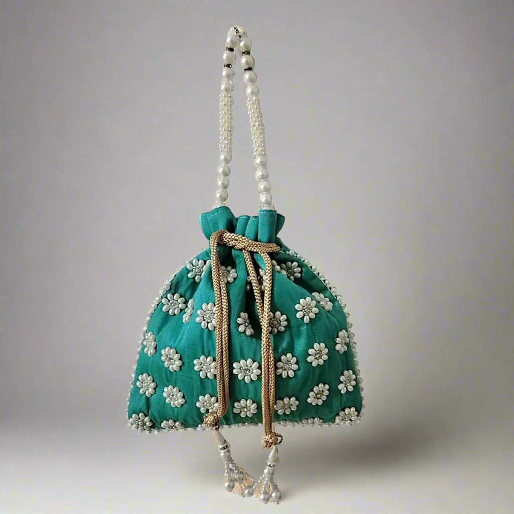 Handcrafted Potli Bag, Silk Poppy Beads - Teal Green