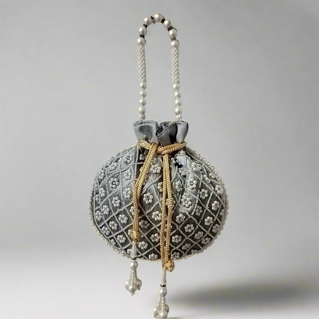 Handcrafted Potli Bag, Silk Aster Jaal - Dark Gray