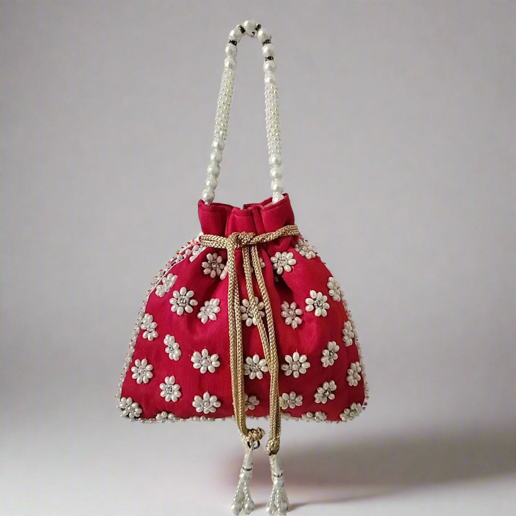 Handcrafted Potli Bag, Silk Poppy Beads - Red