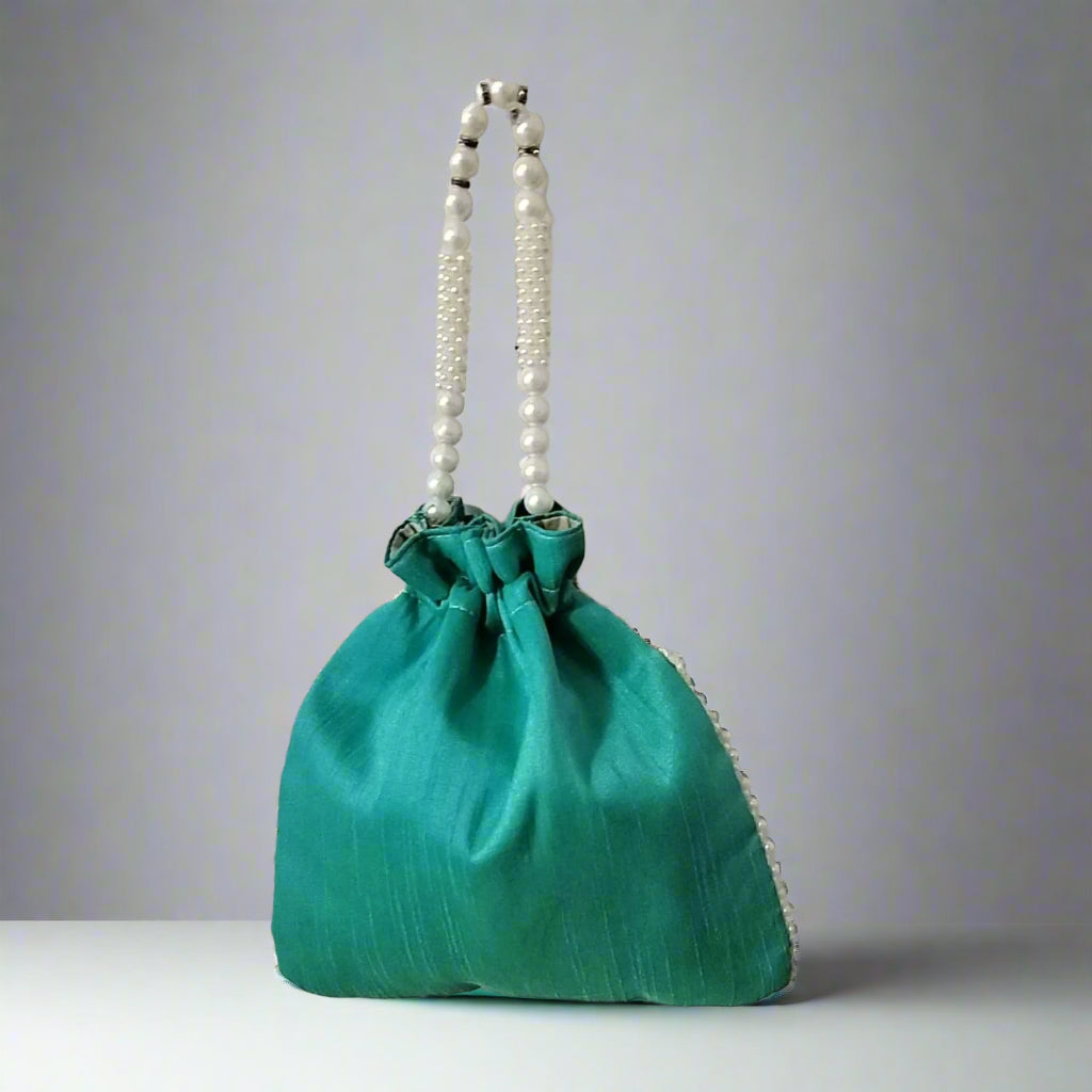 Handcrafted Potli Bag, Silk Poppy Beads - Teal Green