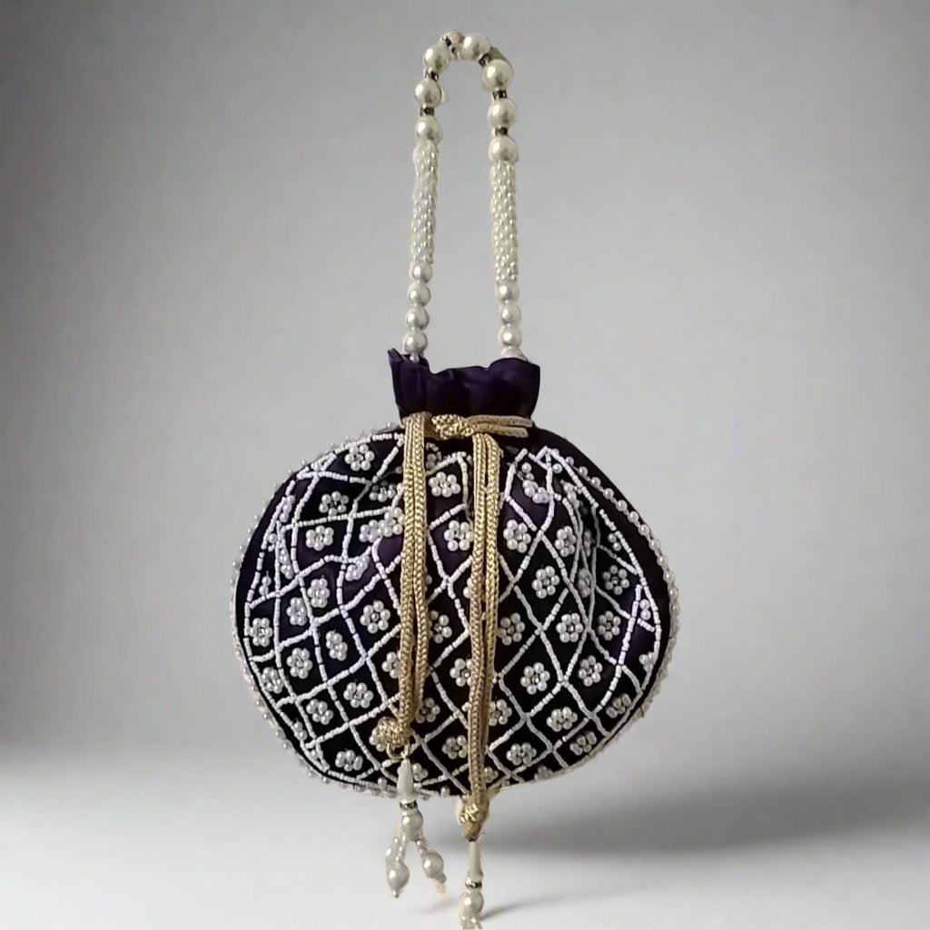 Handcrafted Potli Bag, Silk Aster Jaal - Purple