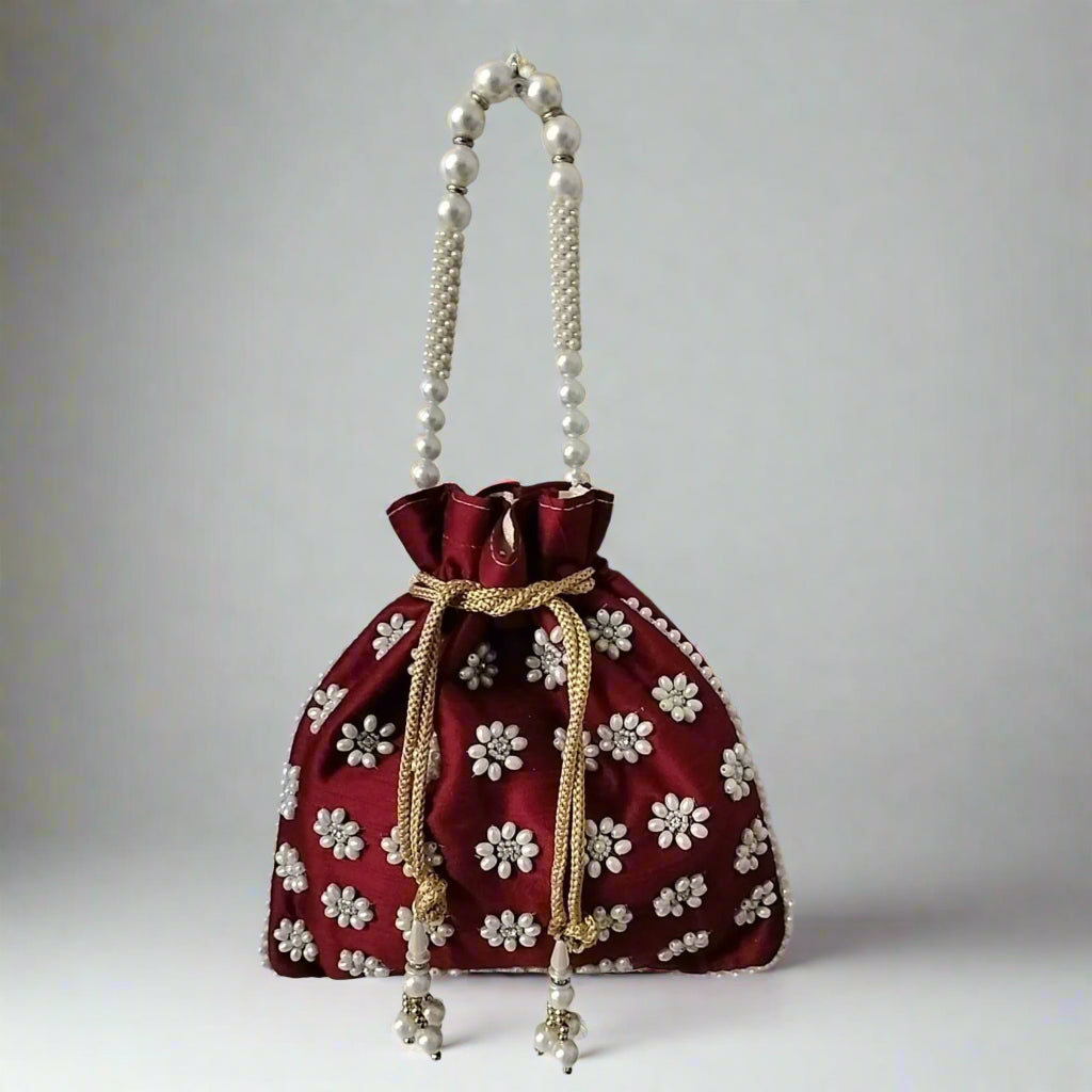 Handcrafted Potli Bag, Silk Poppy Beads - Deep Maroon