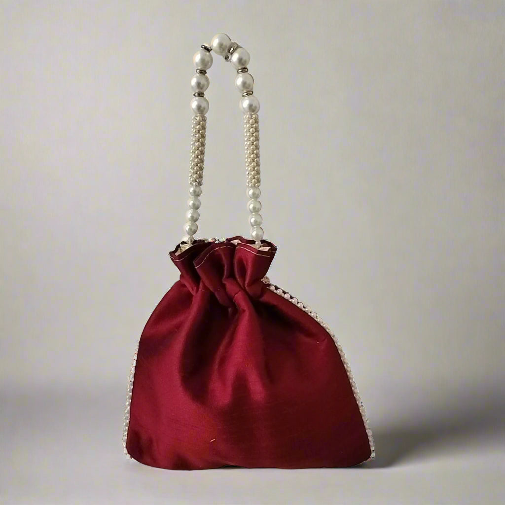 Handcrafted Potli Bag, Silk Poppy Beads - Deep Maroon