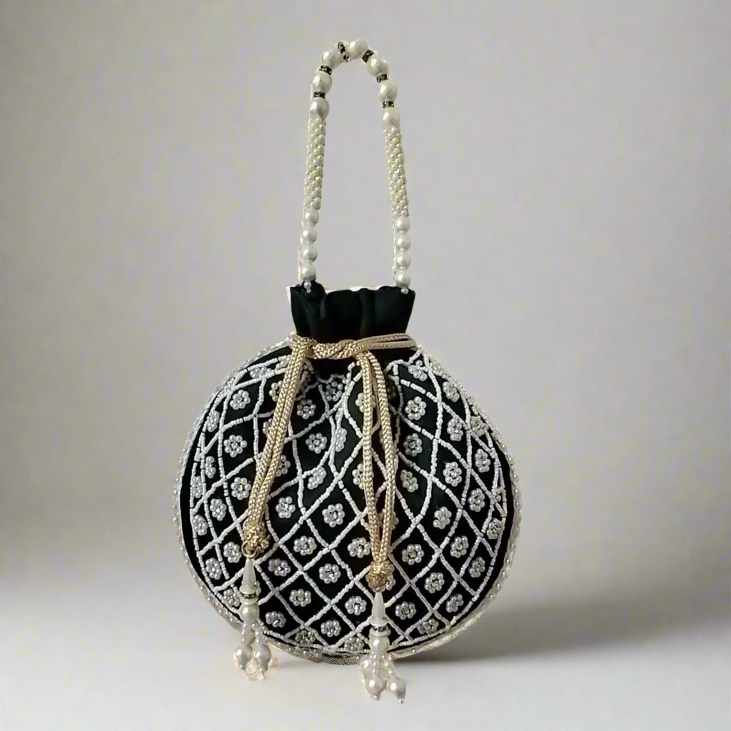 Handcrafted Potli Bag, Silk Aster Jaal - Teal Green