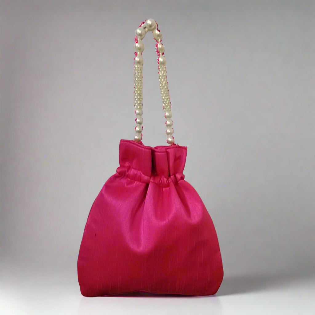 Handcrafted Potli Bag, Silk Daisy Jari - Vibrant Fuchsia