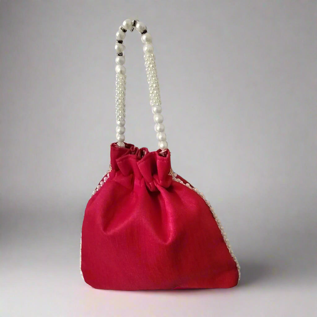 Handcrafted Potli Bag, Silk Poppy Beads - Red