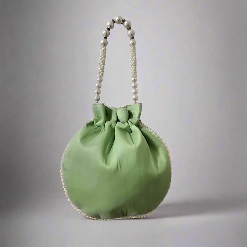 Handcrafted Potli Bag, Silk Aster Jaal - Olive Green