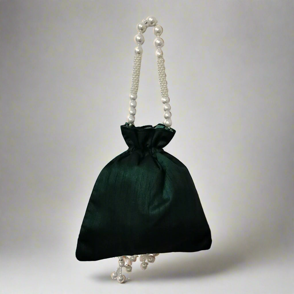 Handcrafted Potli Bag, Silk Daisy Jari - Dark Green