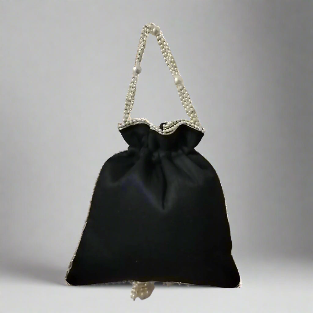 Handcrafted Potli Bag, Silk Treeflower - Black