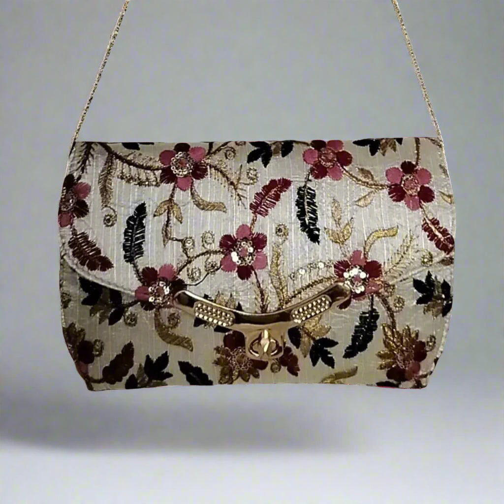Handcrafted Embroidered Clutch, Dove Glow