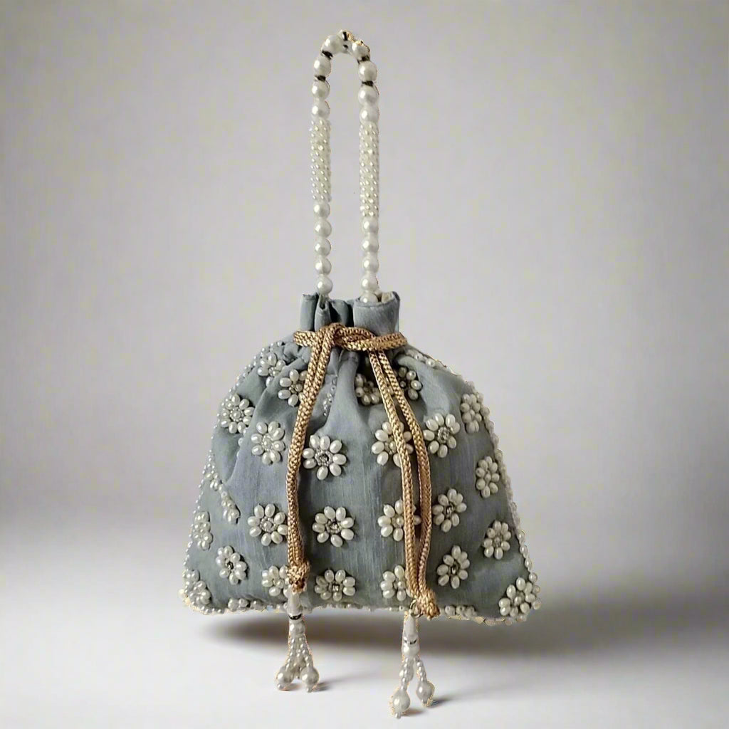 Handcrafted Potli Bag, Silk Poppy Beads - Mist Gray
