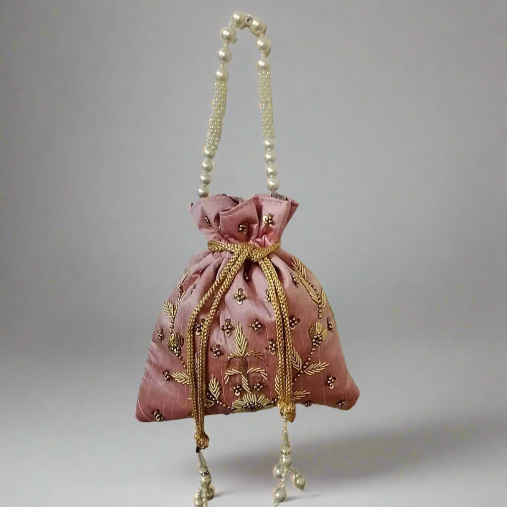 Handcrafted Potli Bag, Silk Daisy Jari - Dusty Rose