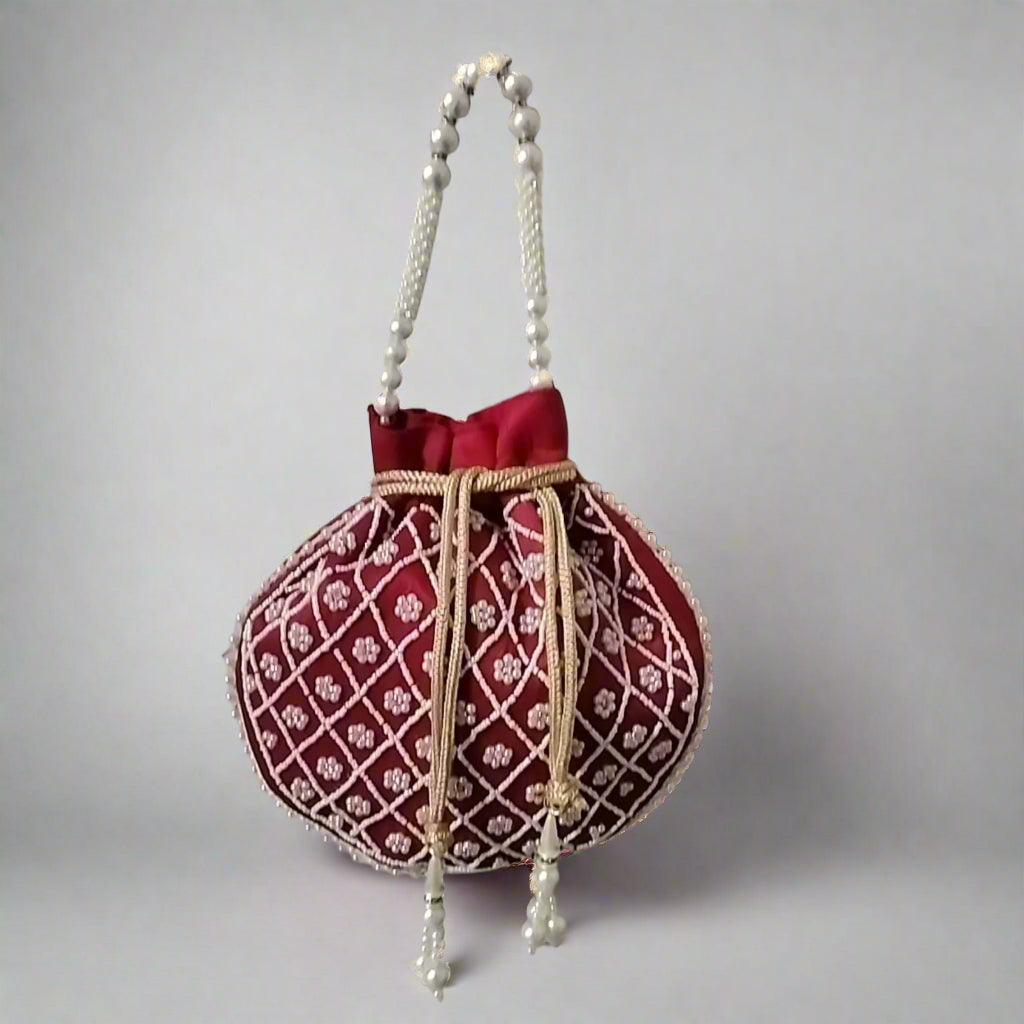 Handcrafted Potli Bag, Silk Aster Jaal - Deep Red