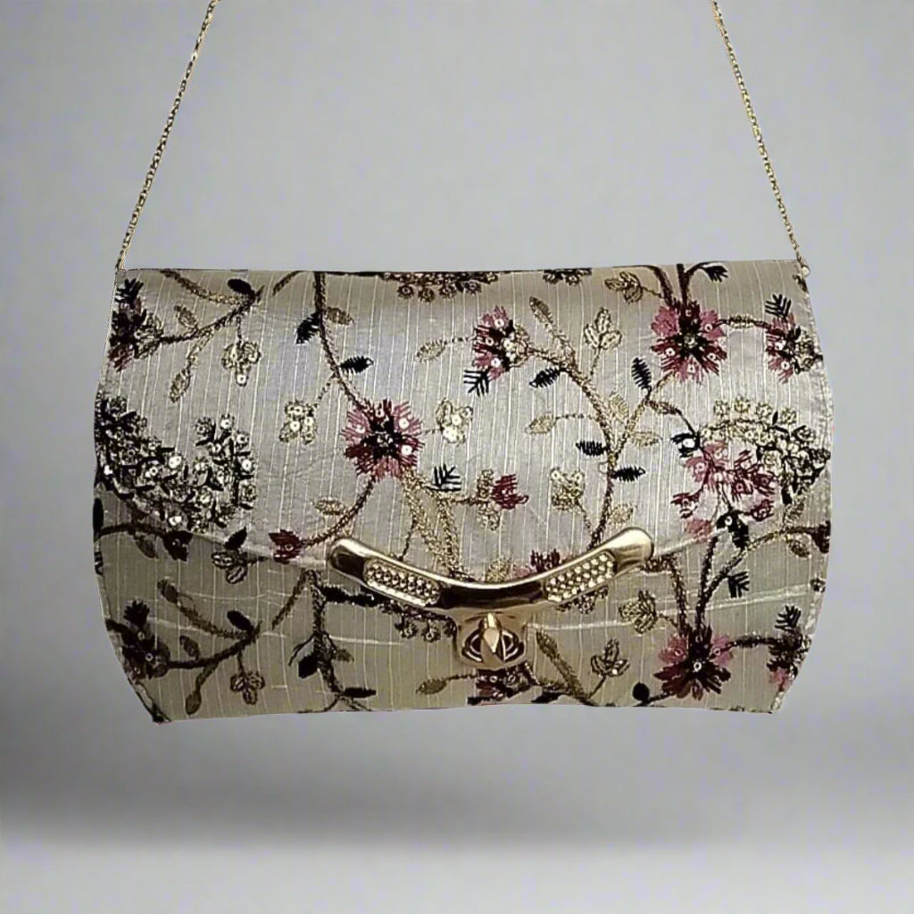 Handcrafted Embroidered Clutch, Silver Sand