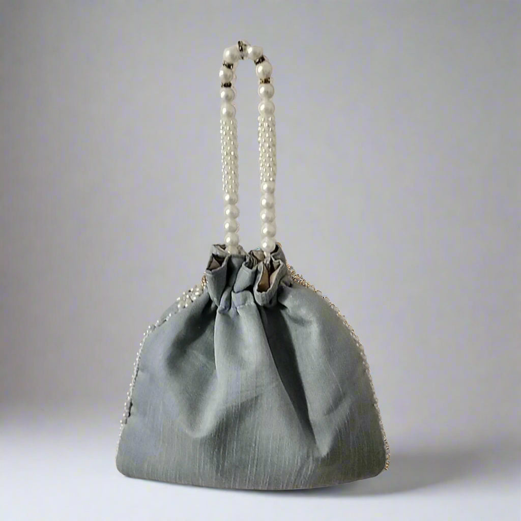 Handcrafted Potli Bag, Silk Poppy Beads - Mist Gray