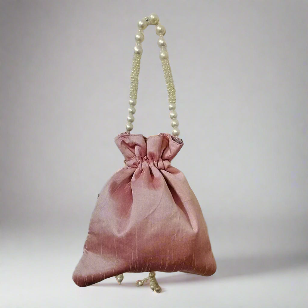Handcrafted Potli Bag, Silk Daisy Jari - Dusty Rose