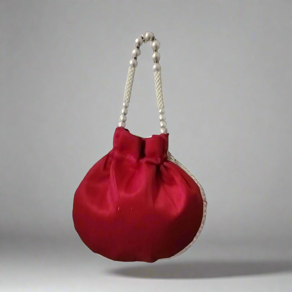 Handcrafted Potli Bag, Silk Aster Jaal - Deep Red