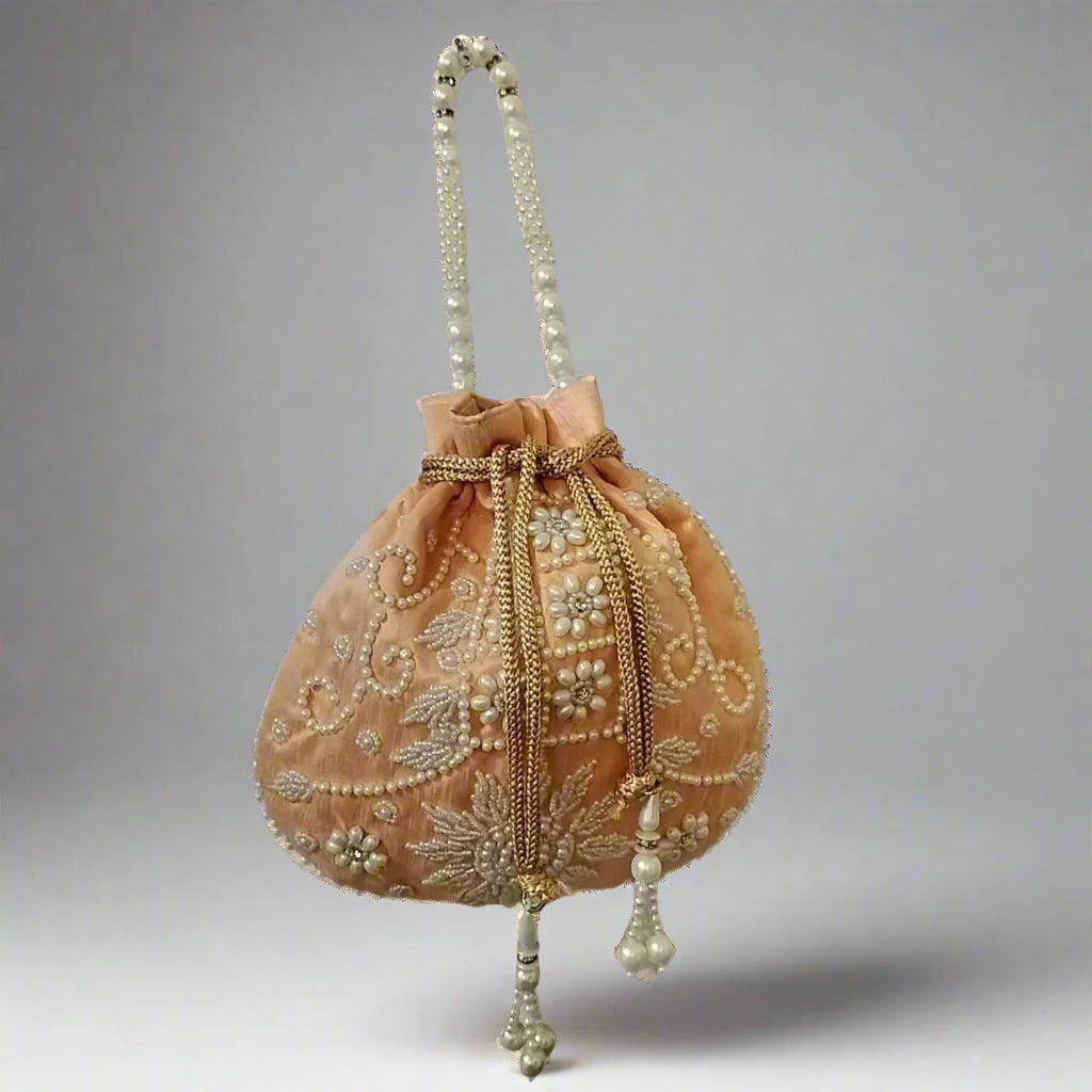 Handcrafted Potli Bag, Silk Sunflower Beads - Sandy Beige