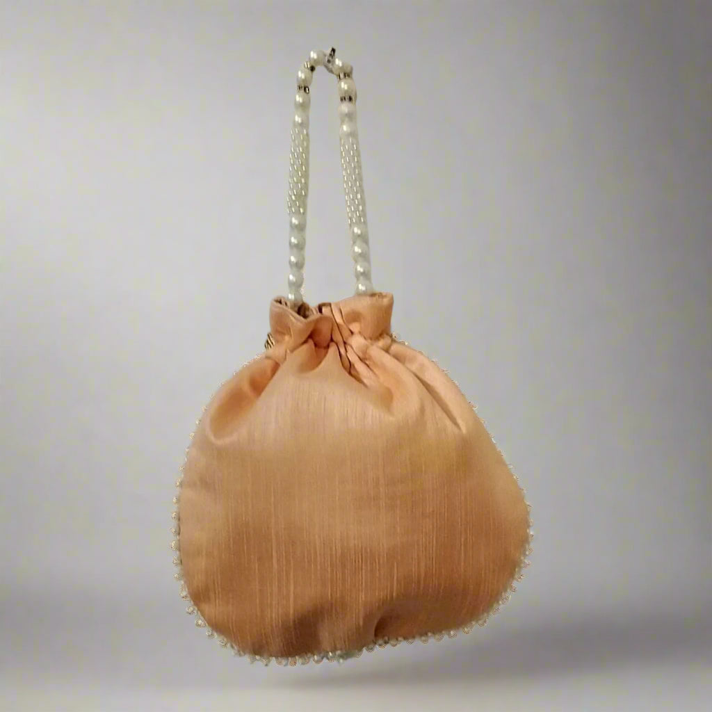Handcrafted Potli Bag, Silk Sunflower Beads - Sandy Beige