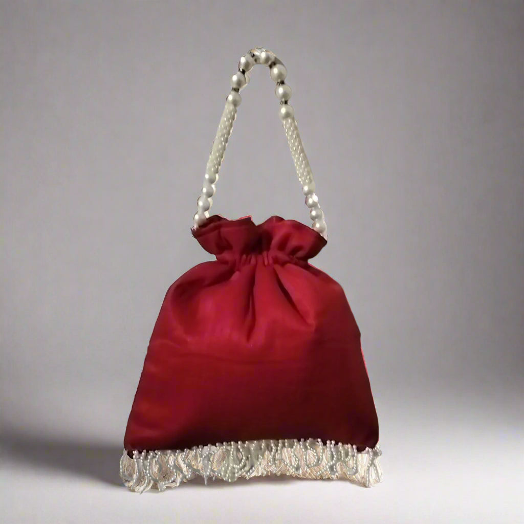Handcrafted Potli Bag, Silk Snowdrop - Red