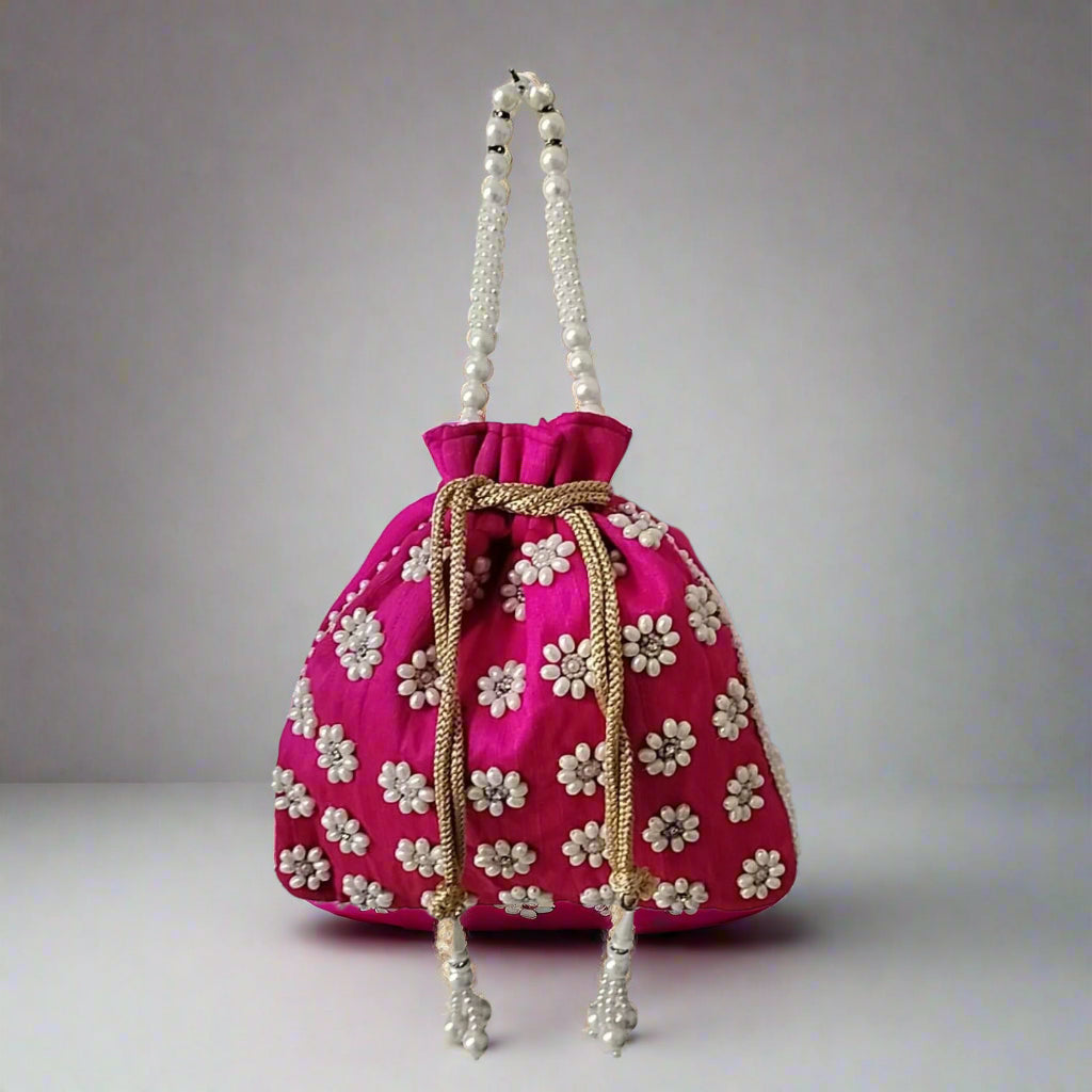 Handcrafted Potli Bag, Silk Poppy Beads - Vibrant Fuchsia
