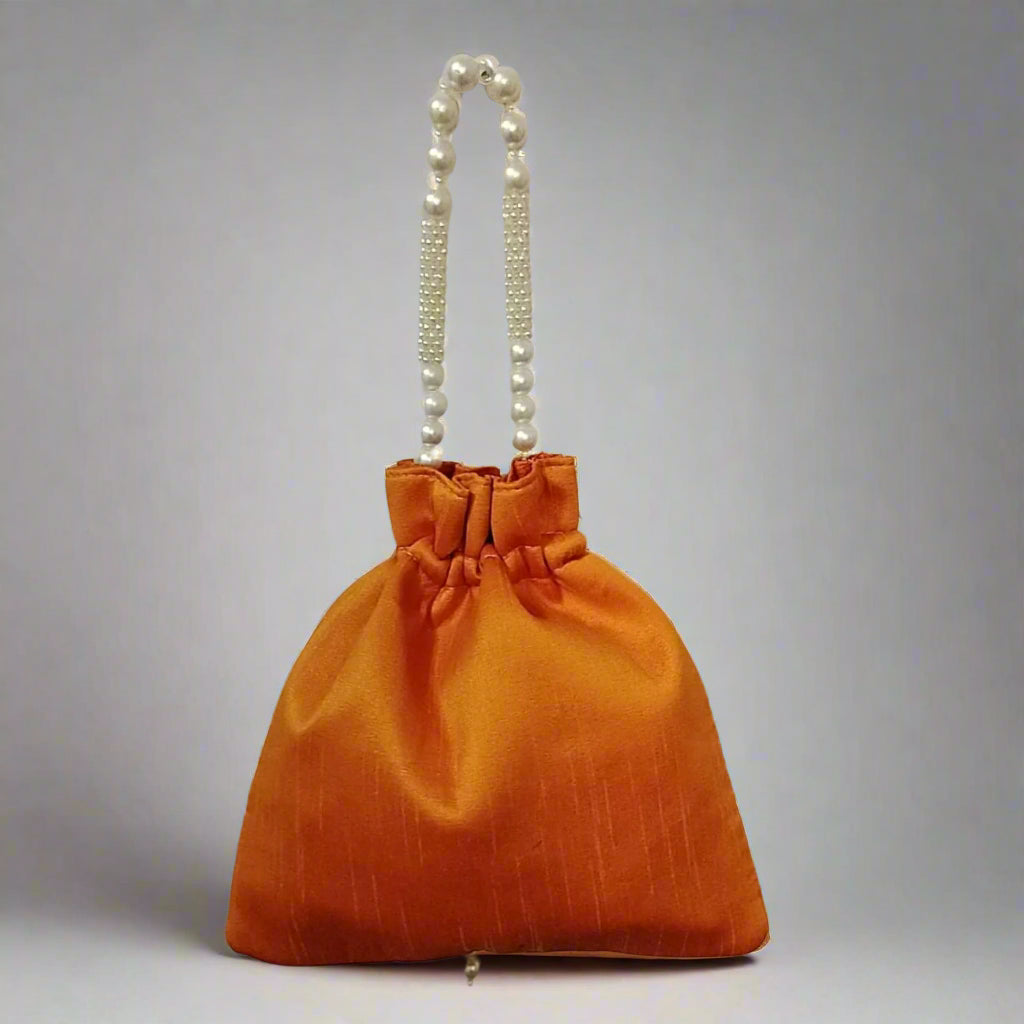 Handcrafted Potli Bag, Silk Daisy Jari - Burnt Orange