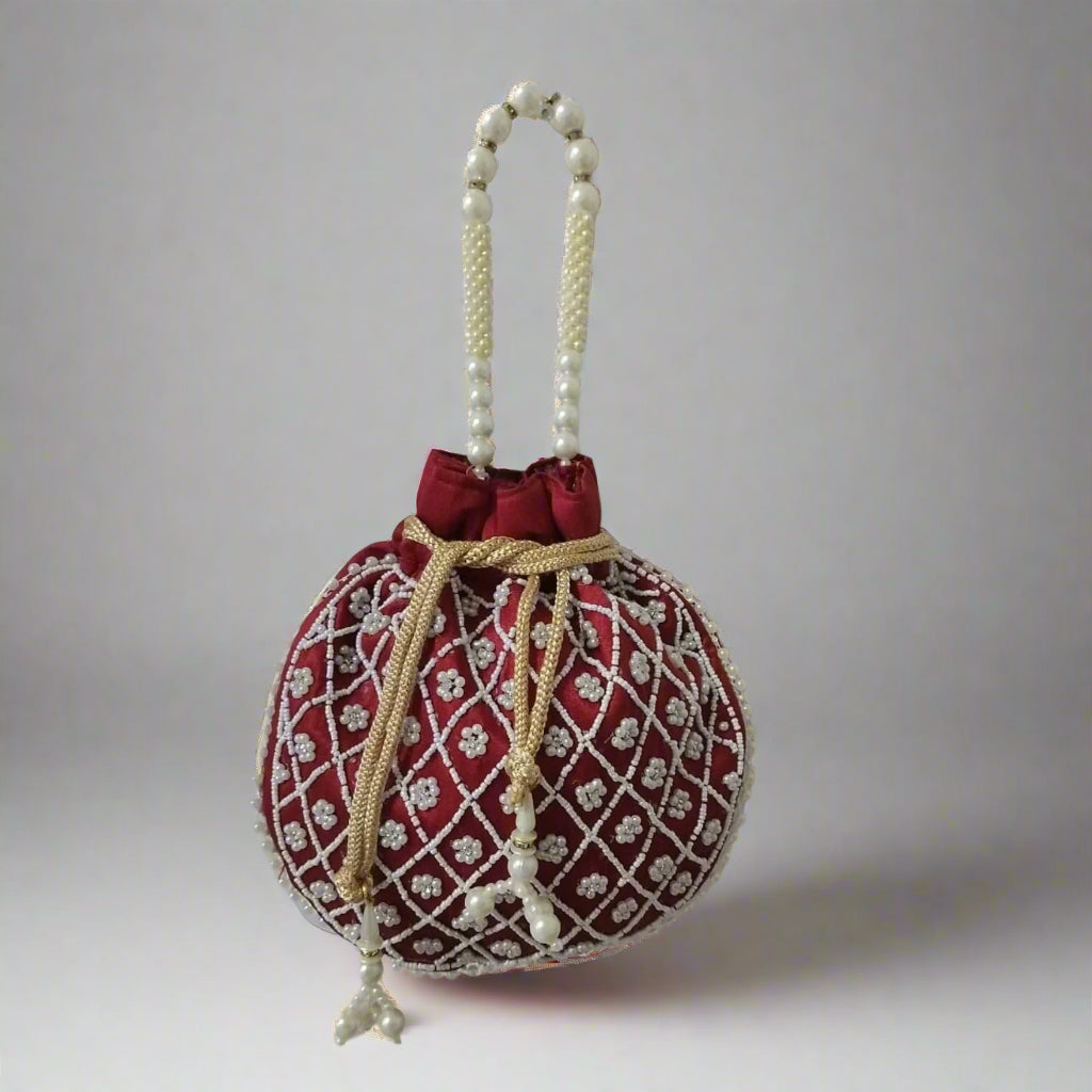 Handcrafted Potli Bag, Silk Aster Jaal - Wine Red