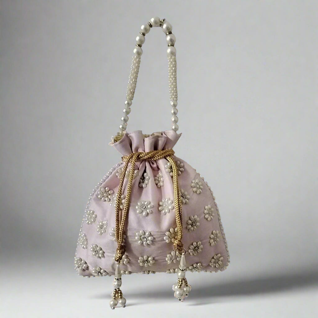 Handcrafted Potli Bag, Silk Poppy Beads - Dusty Rose
