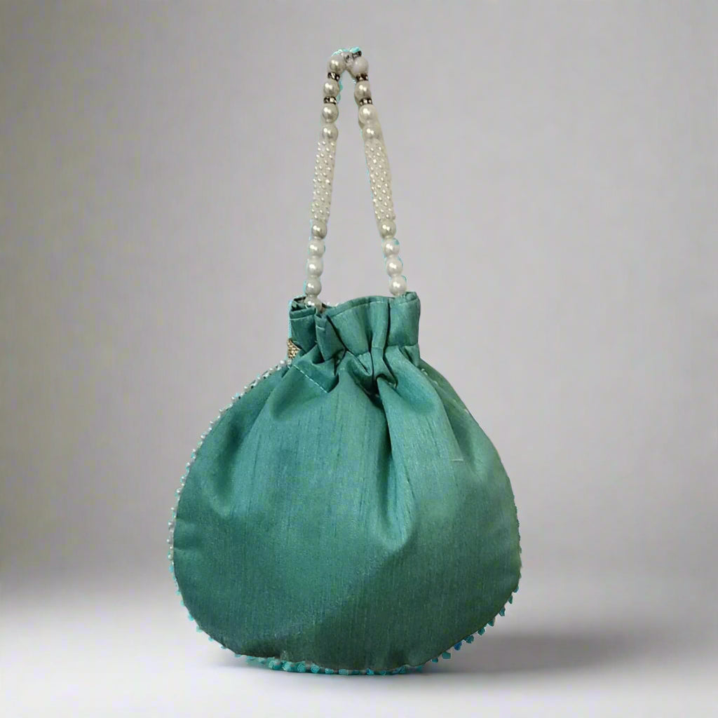 Handcrafted Potli Bag, Silk Sunflower Beads - Desaturated Teal