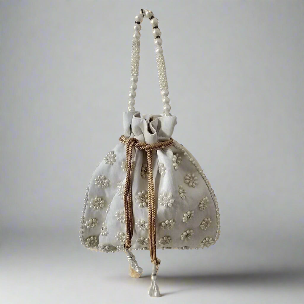 Handcrafted Potli Bag, Silk Poppy Beads - Light Gray