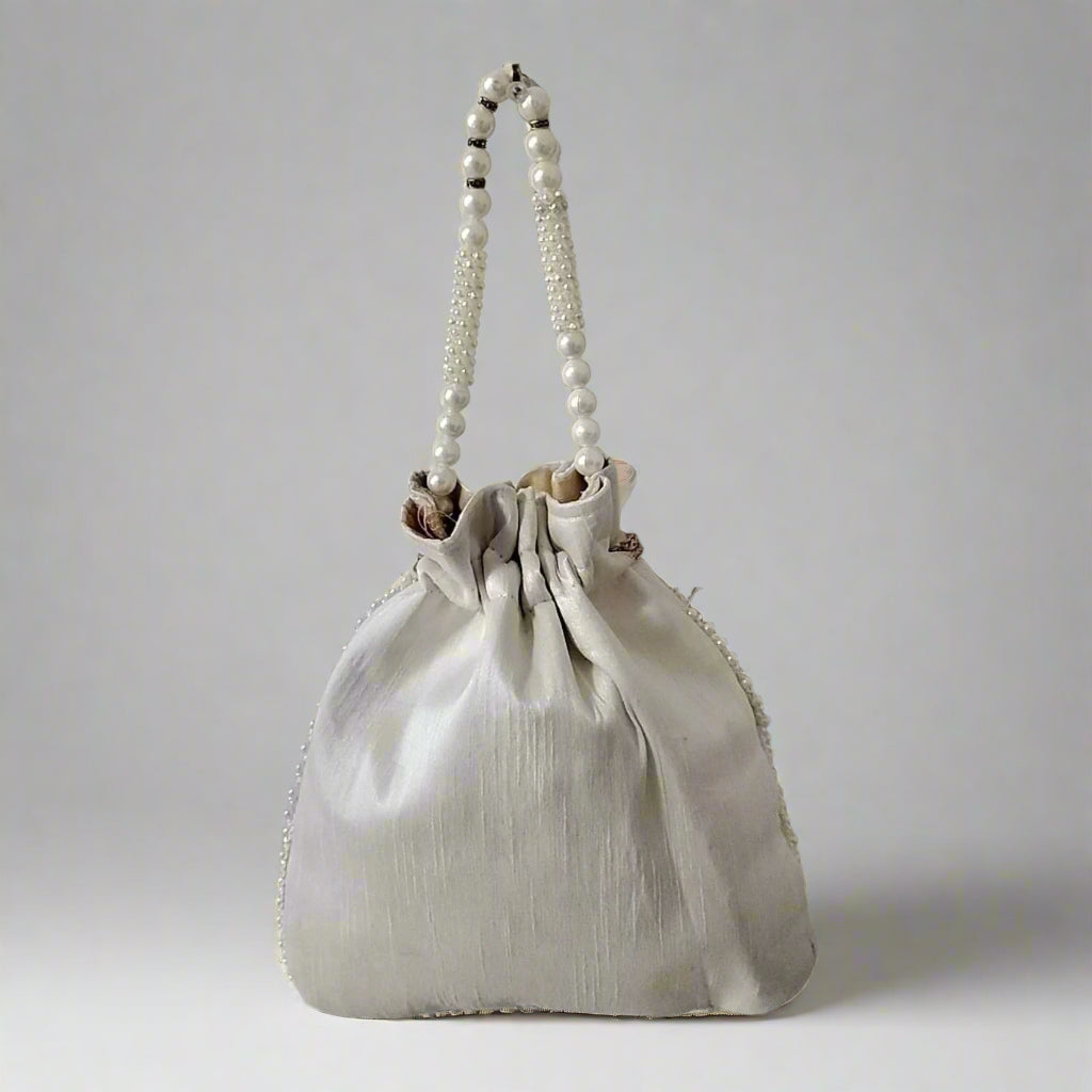 Handcrafted Potli Bag, Silk Poppy Beads - Light Gray